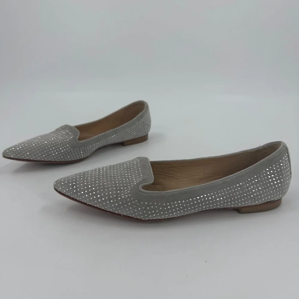 Womens Ballet Flats US Size 8 Gray Suede Rhinestone Pointed Toe Comfort Slip On